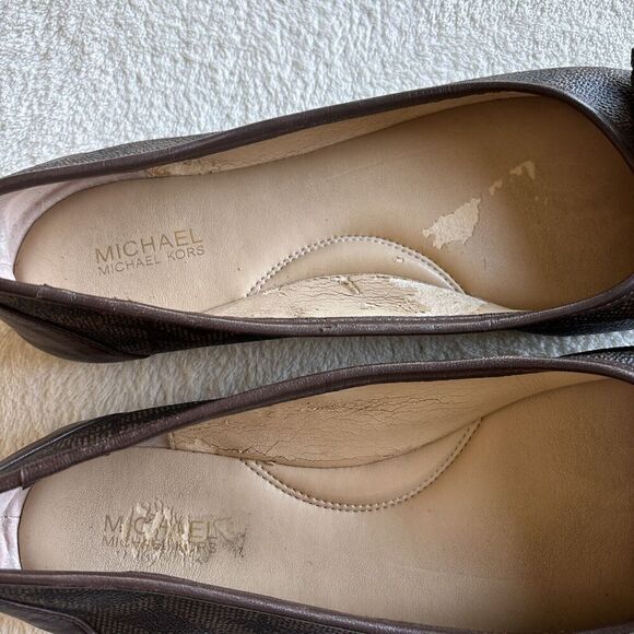 Michael Kors Kiera Leather Signature Bow MK Logo Brown / GOLD Ballet Flats 7.5 - Picture 10 of 11